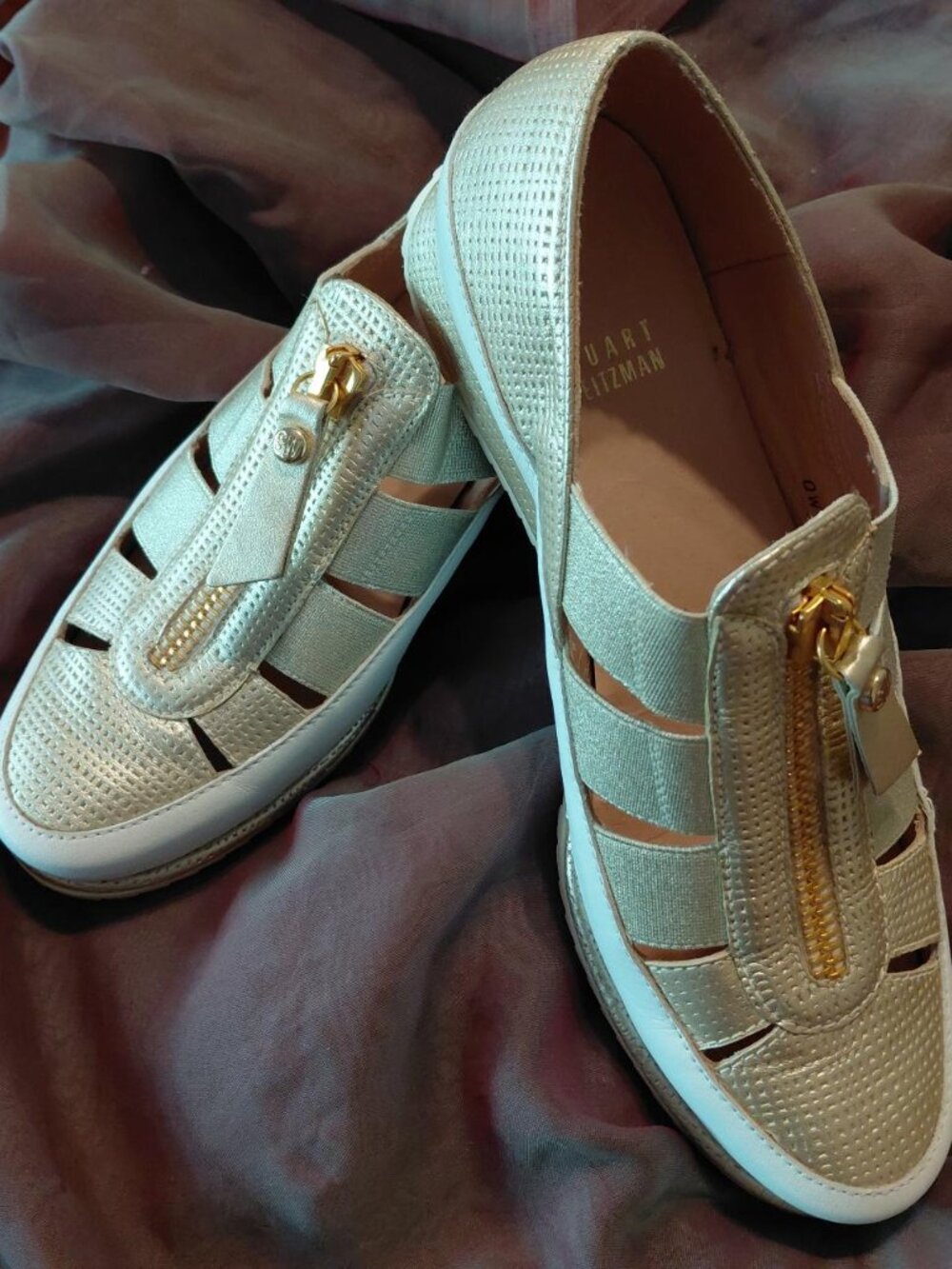 Stuart Weitzman Gold/White Leather Getaway Platform Slip-On Sneaker